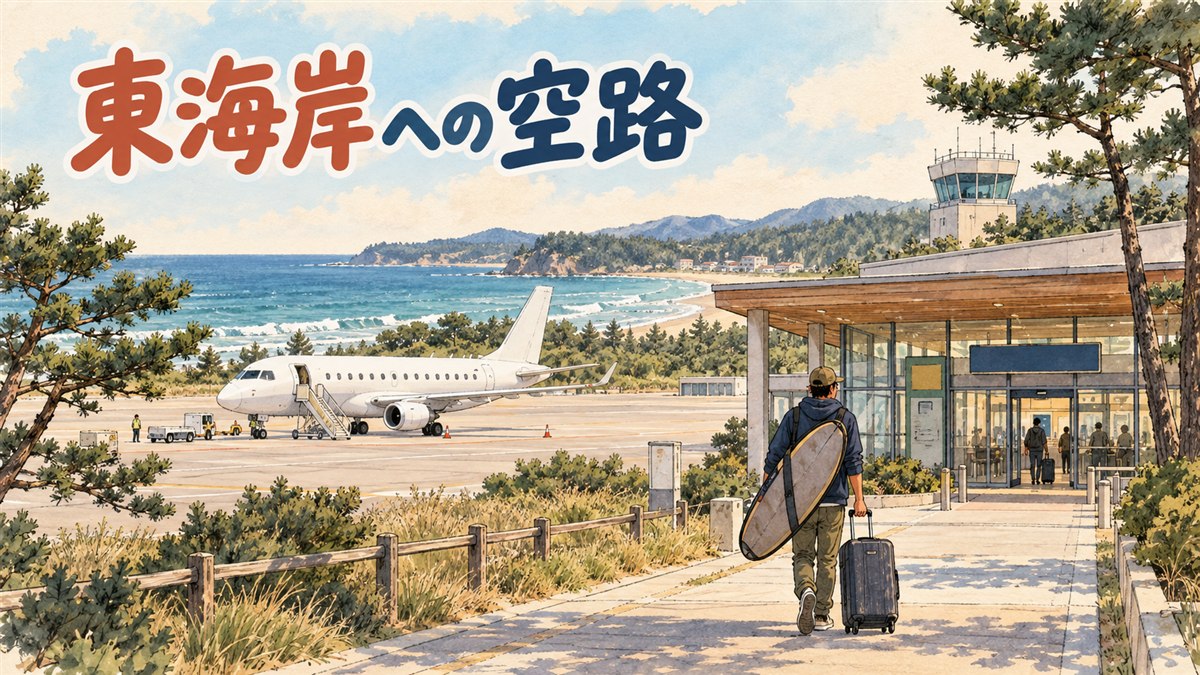 襄陽国際空港の滑走路と、遠くに広がる江原道の海岸線