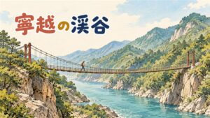 寧越の東江沿いの渓谷と渡し船、山頂の展望台を描いたイメージ
