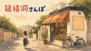 延禧洞の静かな住宅街の路地とサロガショッピングセンター前を歩く旅行者のイメージ