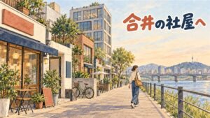 麻浦区合井洞にあるYGエンターテインメント本社ビルの外観と、漢江に近い合井の街並みを示すイメージ