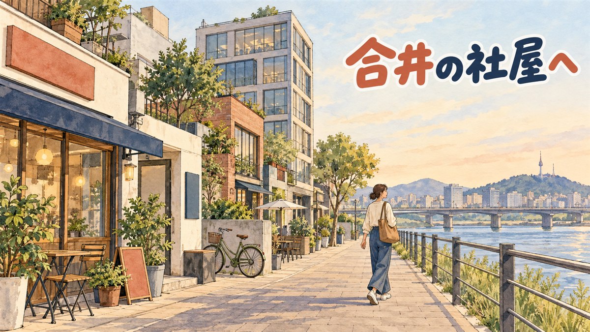 麻浦区合井洞にあるYGエンターテインメント本社ビルの外観と、漢江に近い合井の街並みを示すイメージ