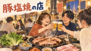 新大久保の路地にある熟成肉専門店の外観と、鉄板で肉厚の豚肉を焼く様子