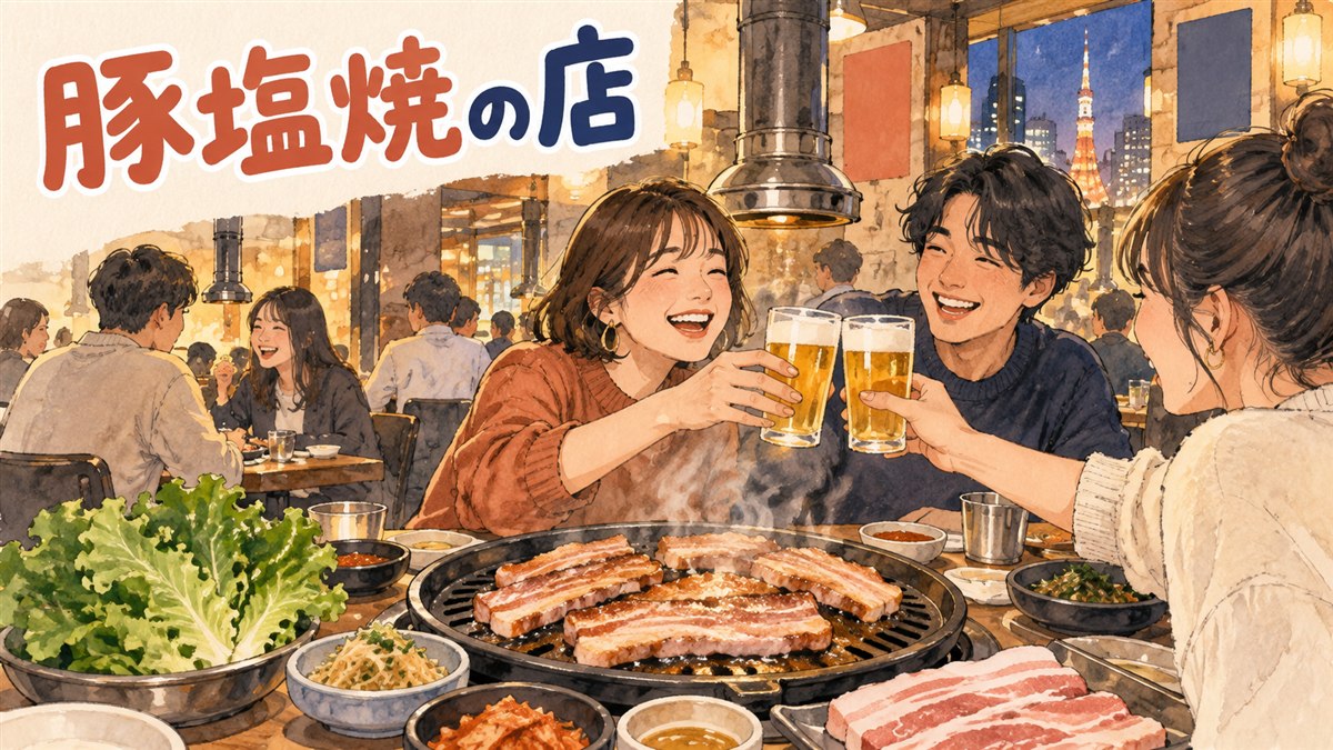 新大久保の路地にある熟成肉専門店の外観と、鉄板で肉厚の豚肉を焼く様子