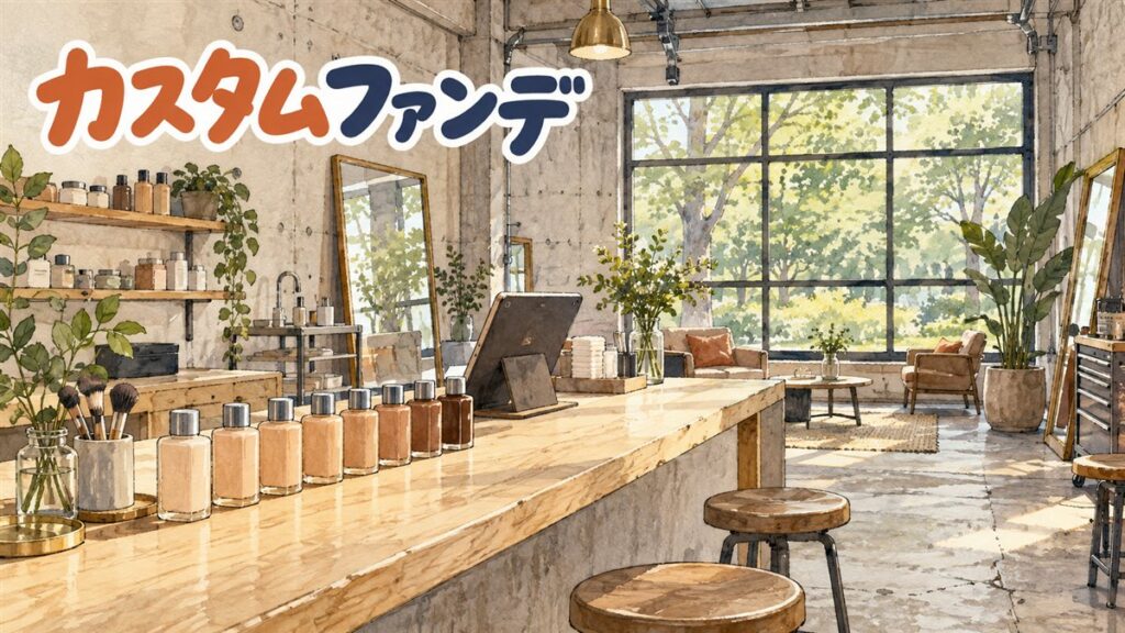 コンクリートの壁と大きな窓のある店内のカウンターに、肌の色の濃さ順に並んだ無地の小瓶