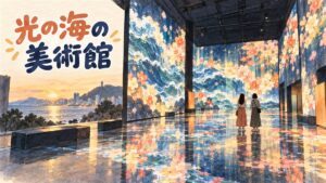 夜の江陵で光の映像に包まれる没入型メディアアート館のイメージイラスト