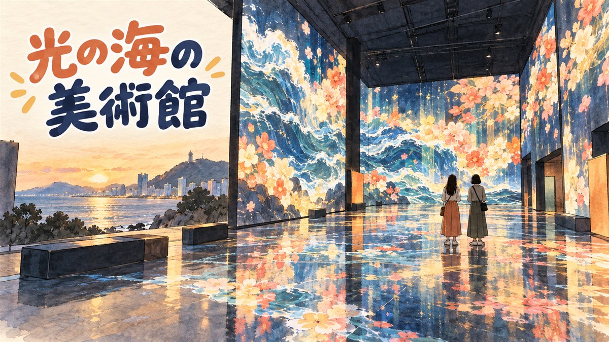 夜の江陵で光の映像に包まれる没入型メディアアート館のイメージイラスト