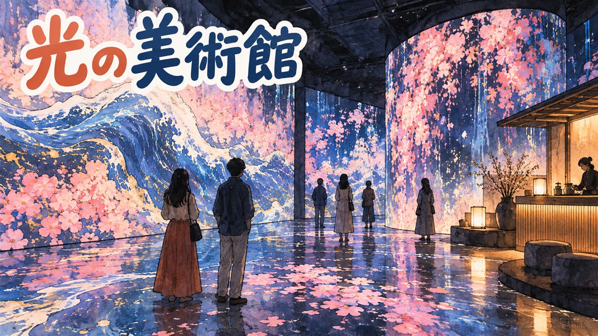 済州の海沿いの建物の中で、光に照らされた展示室を見上げる来館者のシルエットを描いたイラスト