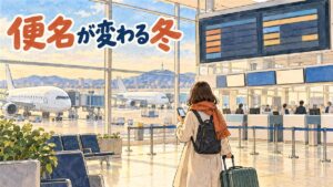 空港の出発ロビーで搭乗券を手にスマートフォンの予約画面を確かめる旅行者と、離陸を待つ旅客機のイメージ