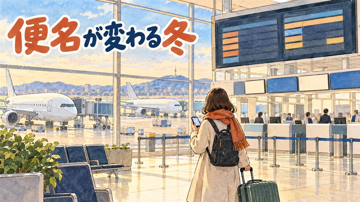 空港の出発ロビーで搭乗券を手にスマートフォンの予約画面を確かめる旅行者と、離陸を待つ旅客機のイメージ