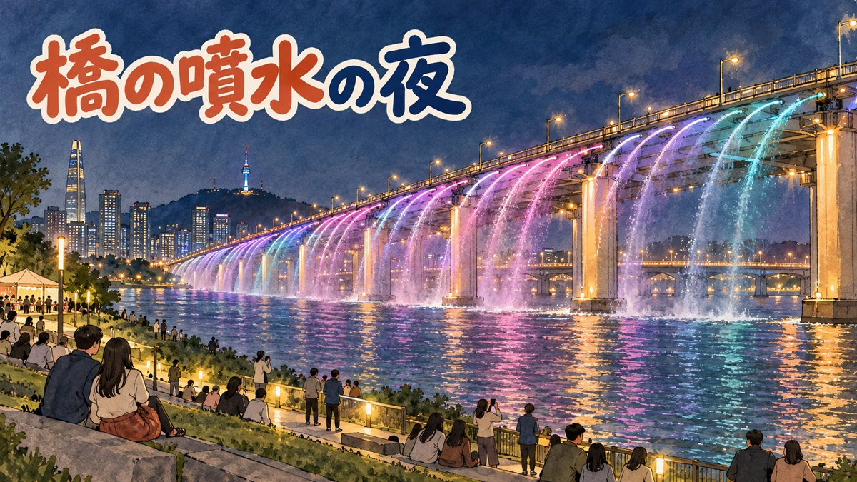 夜の漢江にかかる橋に沿って、桃色や青緑の水柱が立ち上がる月光レインボー噴水の情景