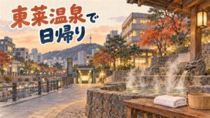 夕暮れの温泉街を描いた水彩イラスト。手前に竜の頭の像から湯が流れ込む石造りの足湯と、木のベンチに白いタオルと木の桶。奥に紅葉した木々とホテルの建物、地下鉄の入口。人物はいない。左上に「東莱温泉で日帰り」の手書き文字