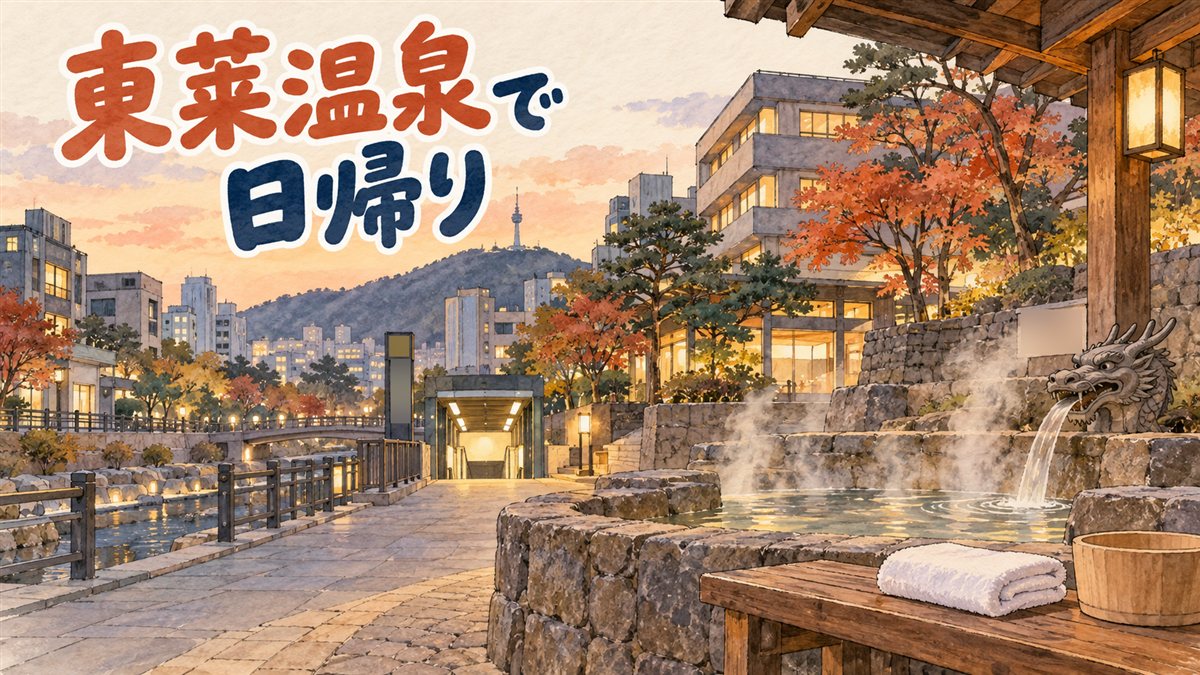 夕暮れの温泉街を描いた水彩イラスト。手前に竜の頭の像から湯が流れ込む石造りの足湯と、木のベンチに白いタオルと木の桶。奥に紅葉した木々とホテルの建物、地下鉄の入口。人物はいない。左上に「東莱温泉で日帰り」の手書き文字
