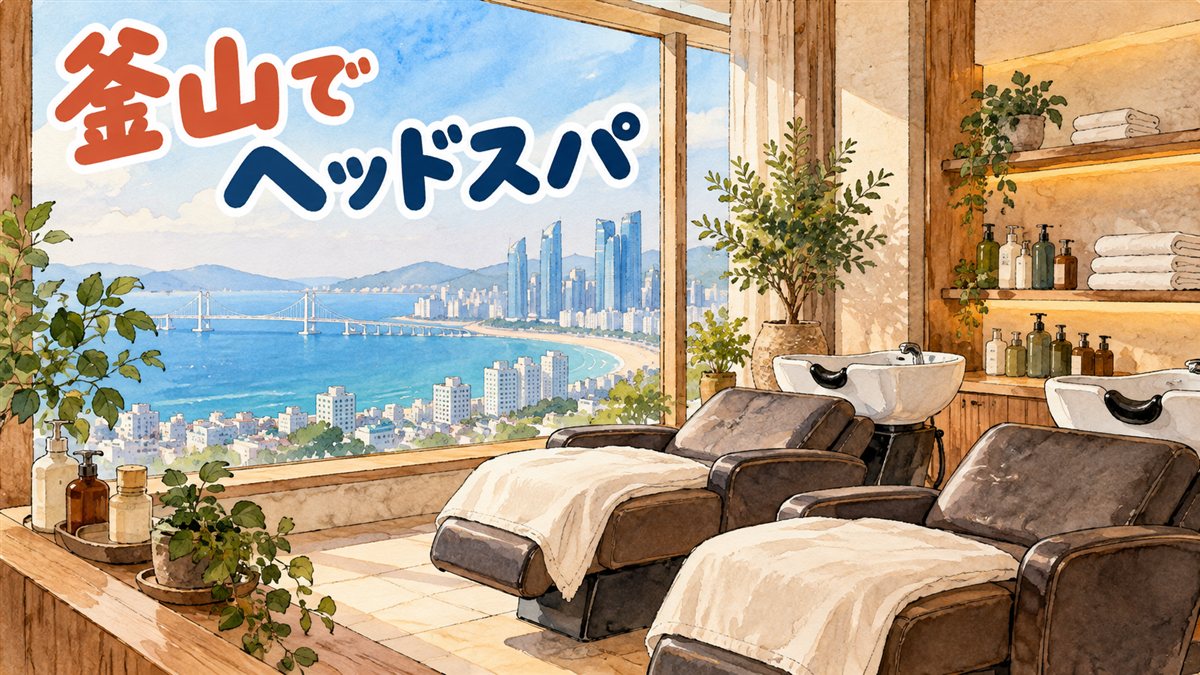 海と高層ビル、長い橋が見える窓辺の美容室を描いた水彩イラスト。シャンプー台つきのリクライニングチェアが2台並び、白いタオルがかけてある。棚にはたたんだタオルとラベルの無いボトル、観葉植物。人物はいない。左上に「釜山でヘッドスパ」の手書き文字