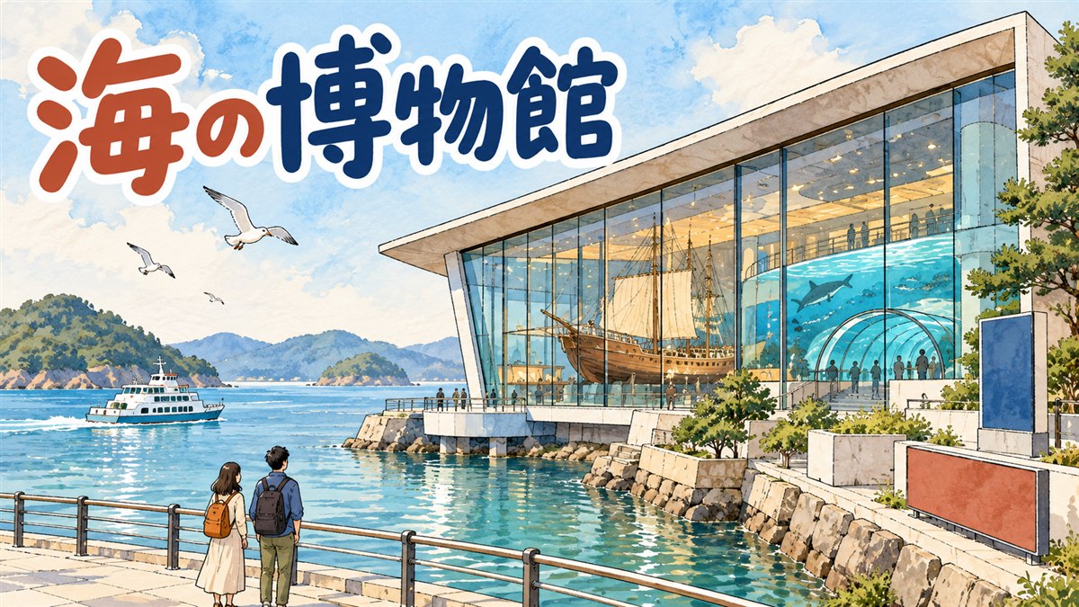 釜山の港を望む海辺に建つ白い大きな博物館の建物と、バス停へ向かう家族連れのシルエットを描いたイラスト