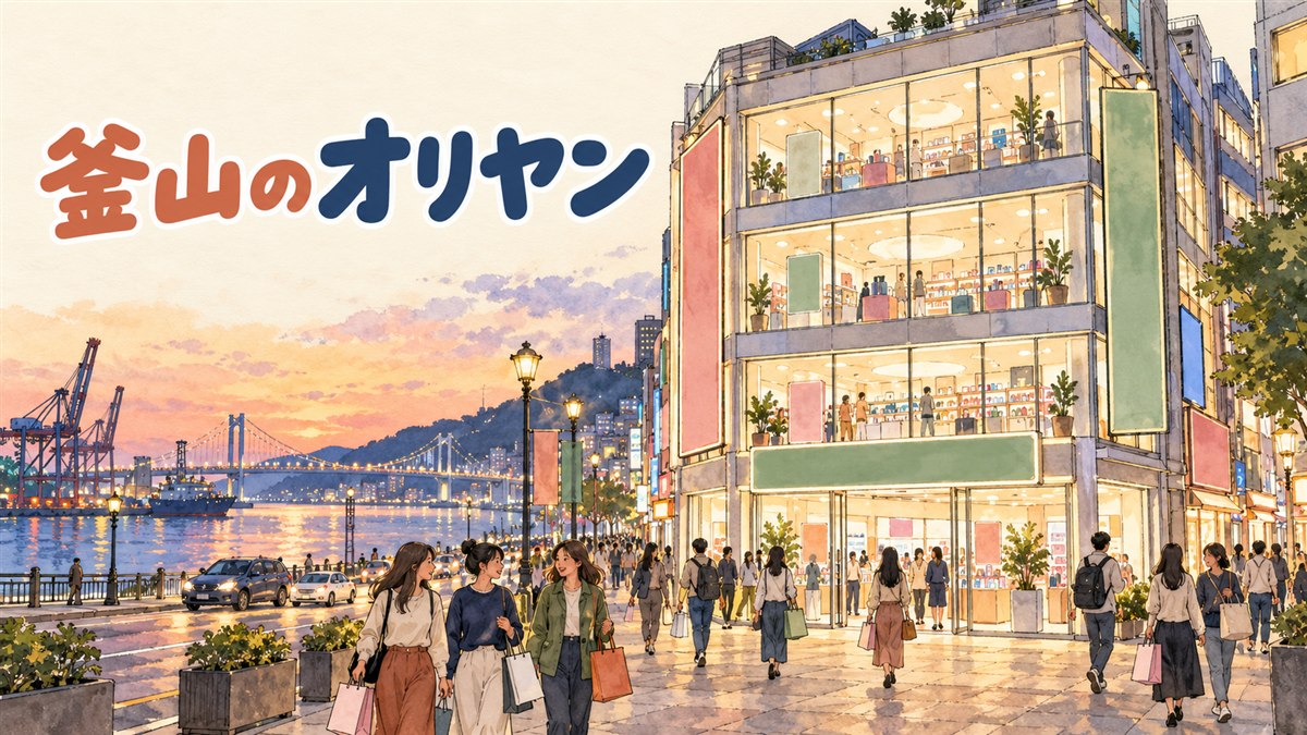釜山の南浦洞の通りと、夜の広安里の水辺を思わせる、オリーブヤングの新店2つを巡る旅のイメージ