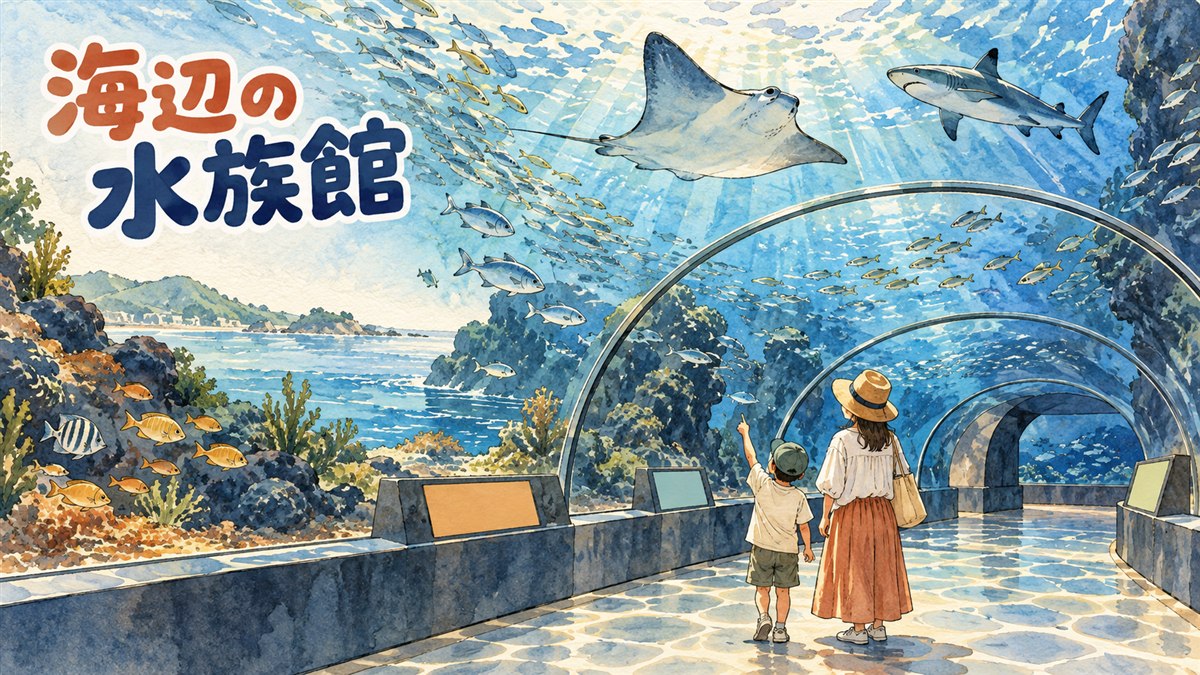 海雲台の海沿いに建つ水族館で、大きな水槽のトンネルを見上げる家族連れのイラスト