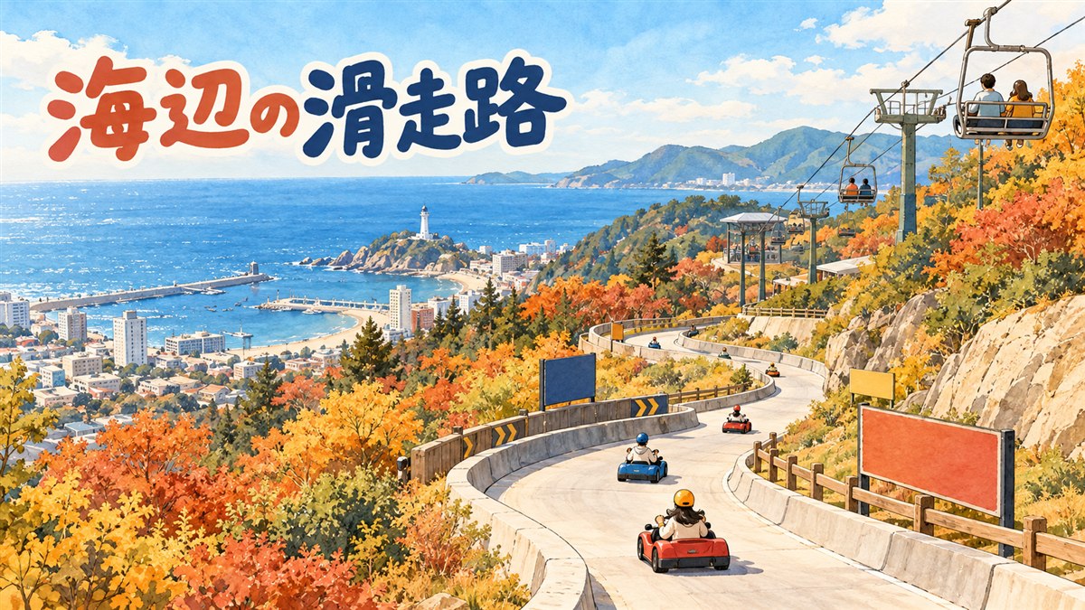 釜山の海を望む丘の斜面で、ヘルメット姿の人たちがリュージュのカートで坂を下りるイラスト
