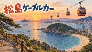 釜山の松島海岸の上空をゆく海上ケーブルカーのキャビンと、遠くに見える海と橋
