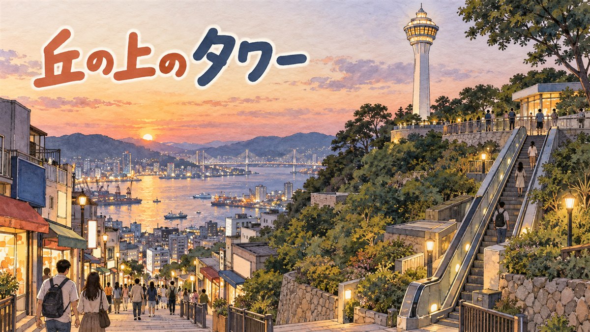 夜の丘の上に光る釜山タワーと、眼下に広がる釜山港の街明かり