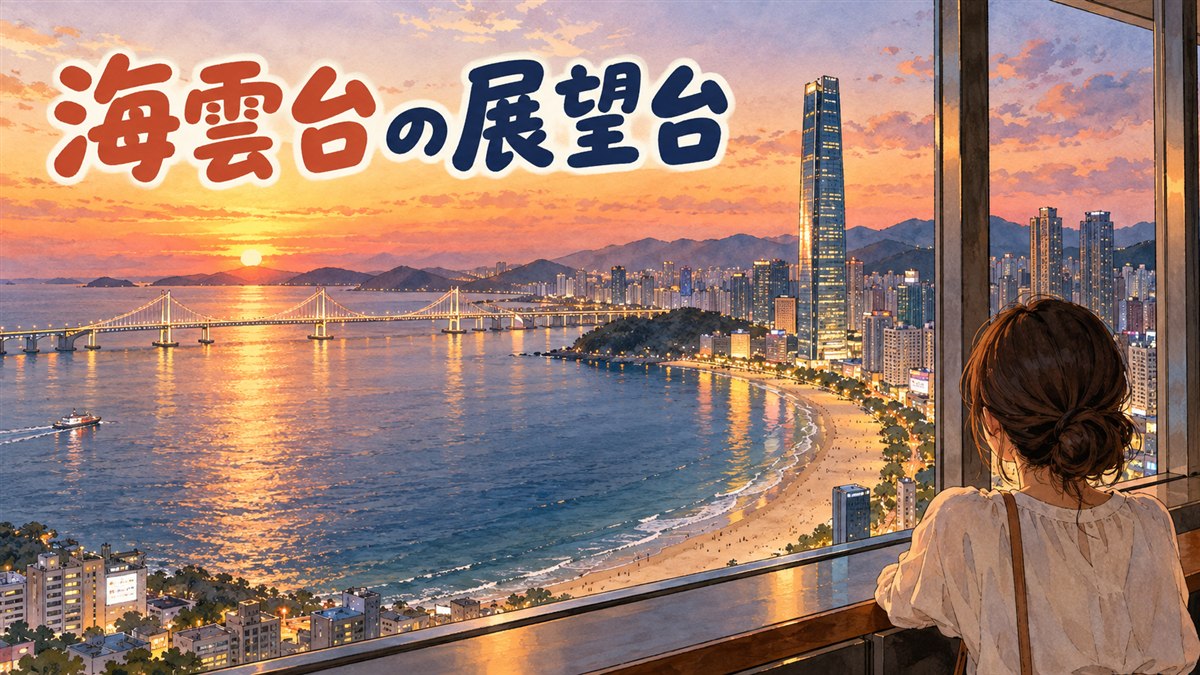 海雲台の高層タワー最上部にある展望台と夕暮れの海岸線を描いたイラスト