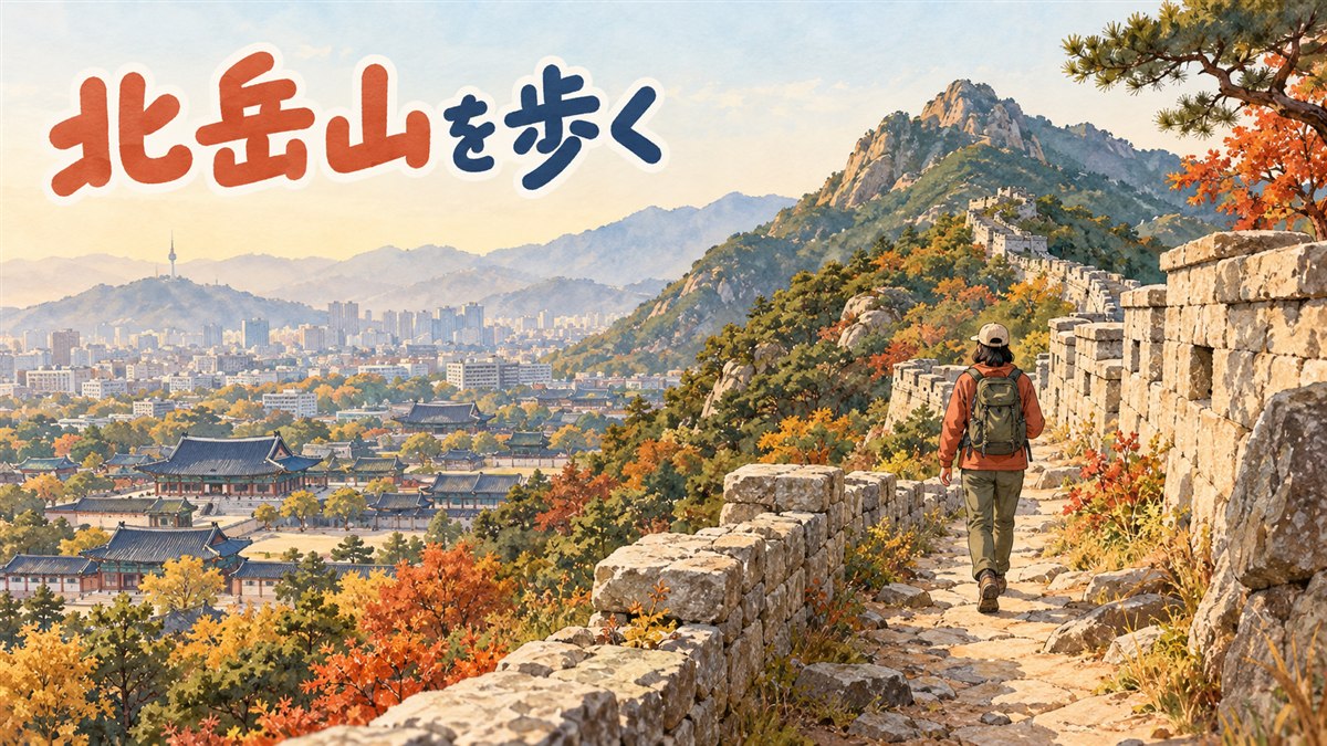 秋の北岳山の稜線と、麓に広がるソウルの街並みを遠景で描いたイラスト