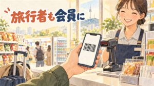韓国のコンビニのレジで旅行者がスマートフォンのバーコードを見せる場面のイラスト（CJ ONEグローバルの記事）