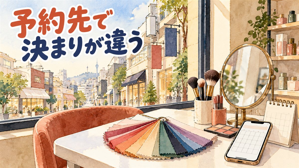 明洞の通りに面した小さなメイクスタジオを描いた水彩イラスト。窓辺の白いテーブルに丸い鏡、色見本の布を扇形に広げたもの、メイクブラシを立てた器、カレンダーを映したスマートフォンと卓上カレンダーが並ぶ。窓の外には低い店舗と吊り看板。人は描かれていない。左上に「予約先で決まりが違う」の手書き文字