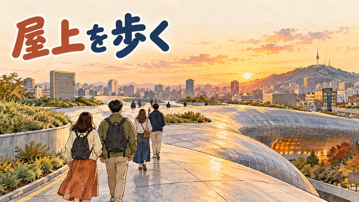 東大門の夕暮れ、曲線の大きな建物の屋上を歩く人たちのシルエットを描いたイラスト