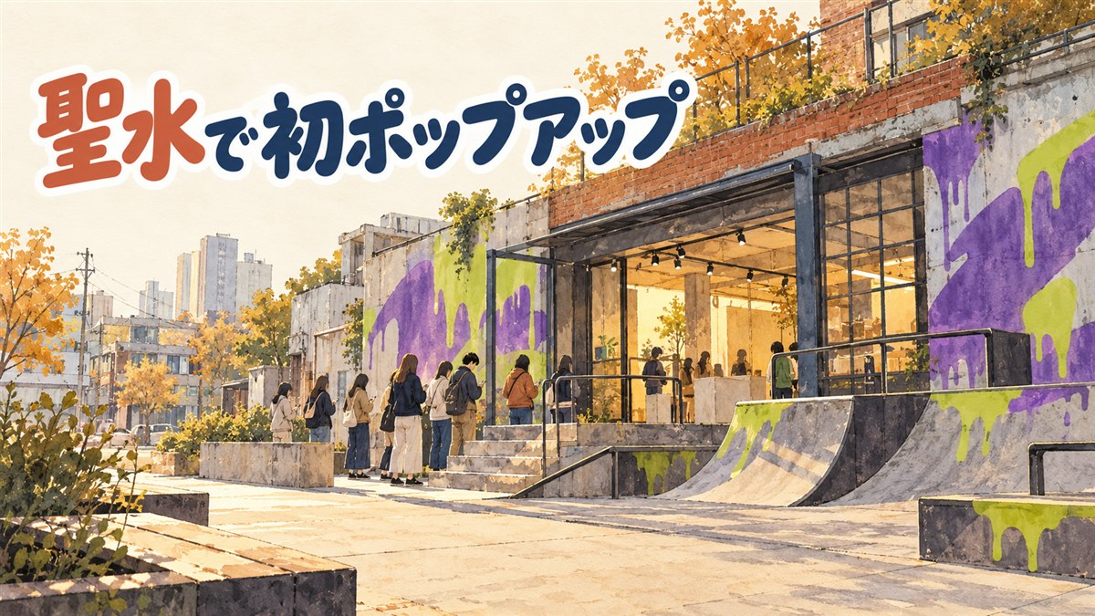 EVANの公式キャラクターGliddyのポップアップが開かれるソウル聖水の街角をイメージしたイラスト
