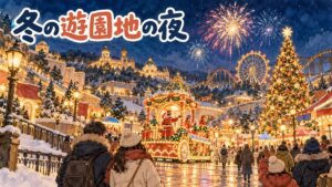 冬のエバーランドでクリスマスのパレードカーとイルミネーションが夜に輝くイメージ