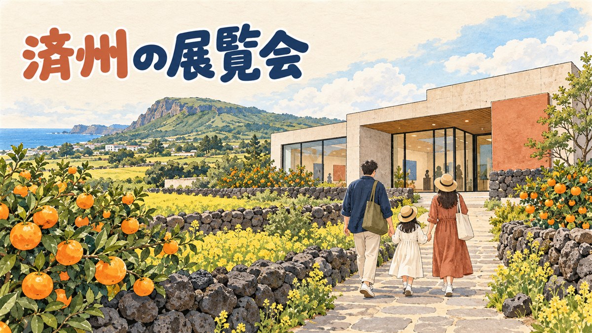 済州の森の中にある童話の村と、ベンチのある小道を描いたイラスト
