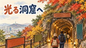 坑道の入口に灯りがともる光明洞窟と、長袖の上着で入場を待つ旅行者のイメージ