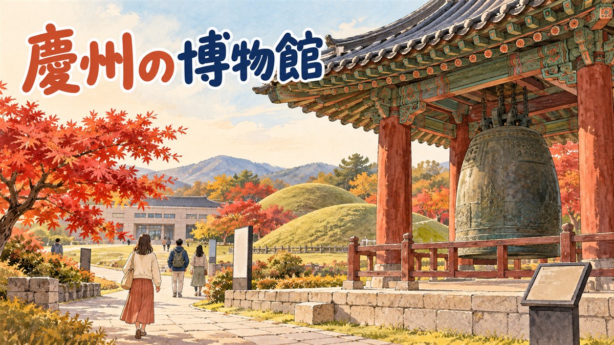 秋の夕方、慶州の博物館の庭に立つ大きな梵鐘と、見上げる来館者のシルエットを描いたイラスト