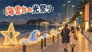 冬の夜の釜山の海辺で、光の造形物が並ぶ通りを歩く人々を描いたイラスト
