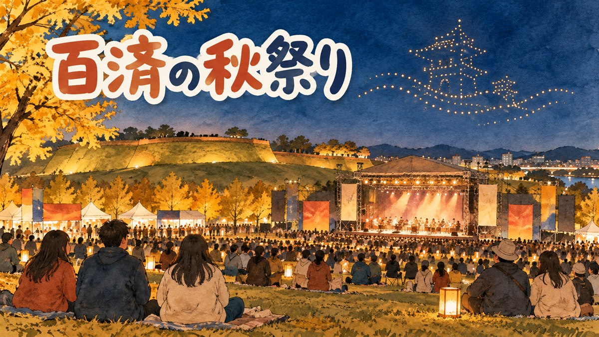 秋の公園の芝生広場に設けられた野外ステージと、夕暮れに集まる人々を描いたイラスト