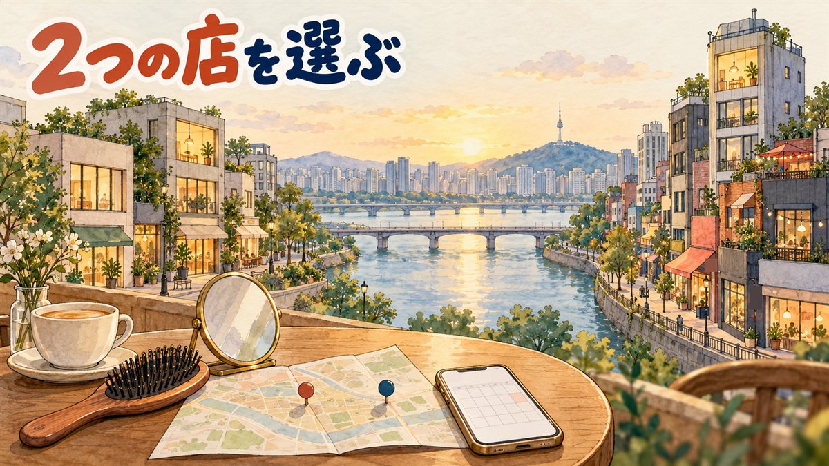 朝の光のソウルを描いた水彩イラスト。川をはさんで左に落ち着いた通りの低いビル、右ににぎやかな通りの細いビルが並ぶ。手前のテーブルにヘアブラシ、丸い鏡、2つのピンを刺した地図、カレンダーを映したスマートフォン。人は描かれていない。左上に「2つの店を選ぶ」の手書き文字