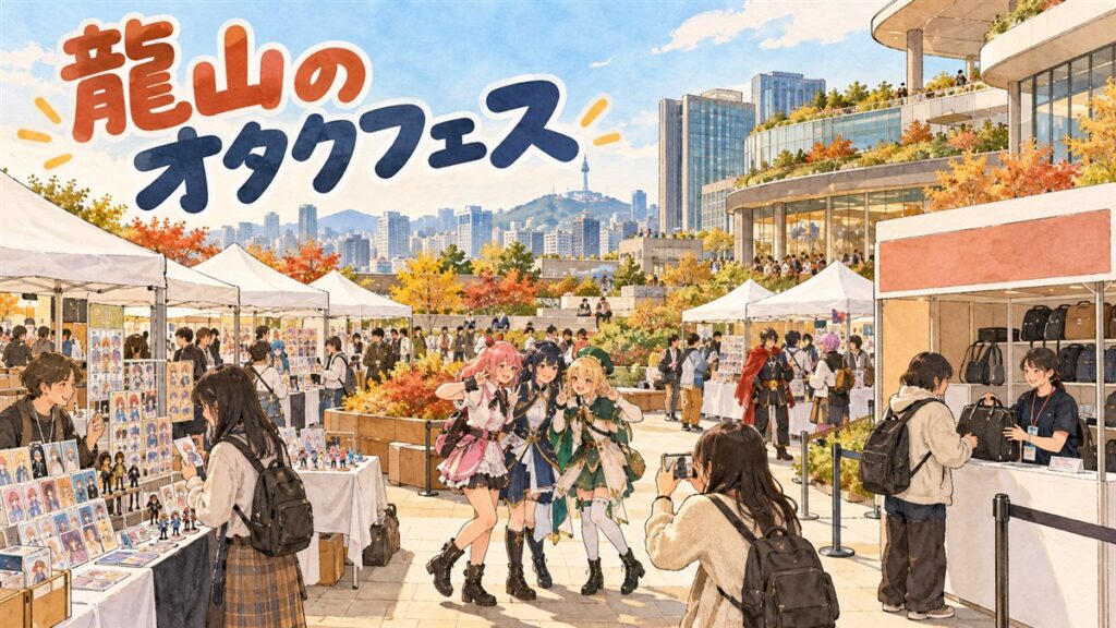 龍山アイパークモールの広場で、コスプレ姿の来場者とオタクマーケットのブースが並ぶ秋のイベント会場の情景