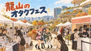 龍山アイパークモールの広場で、コスプレ姿の来場者とオタクマーケットのブースが並ぶ秋のイベント会場の情景