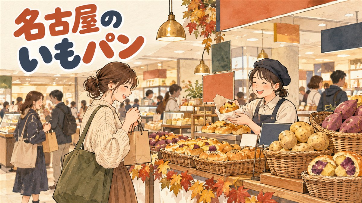 百貨店の地下食品フロアの秋の催事で、いもを飾ったパンの売場をイメージしたイラスト