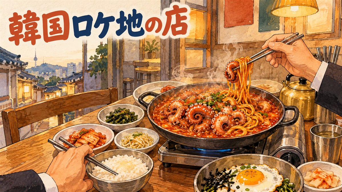 韓国の食堂のテーブルに並ぶ小皿のおかずと石鍋を描いたイラスト