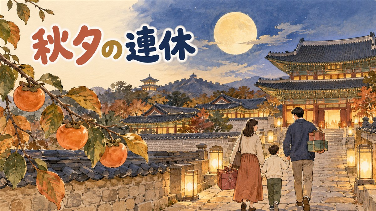 2027年9月の韓国の秋夕連休と日本の祝日の並びをイメージしたイラスト