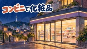 夜のソウルを描いた水彩イラスト。坂道の角にある明るいコンビニのガラス窓の奥に、口紅や小さな化粧品の箱が並ぶ棚が見える。遠くに南山のタワーと街の明かり。人は描かれていない。左上に「コンビニで化粧品」の手書き文字