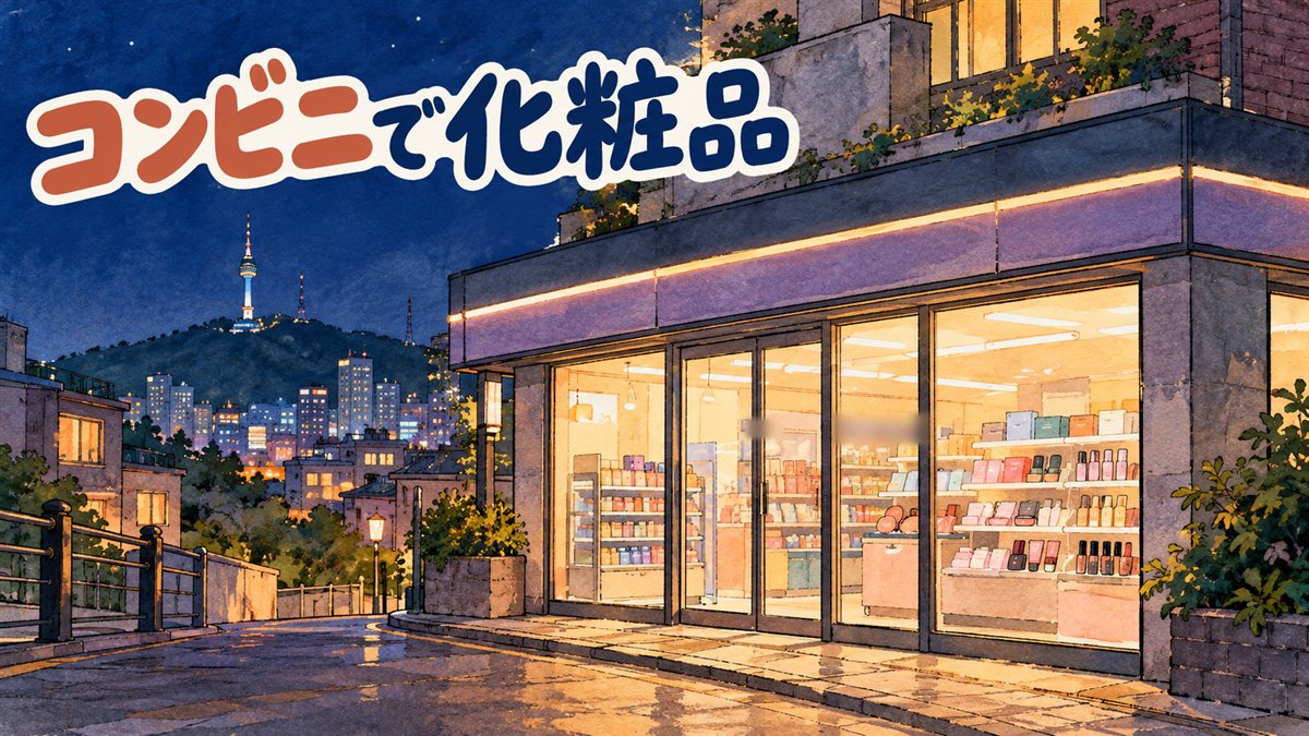 夜のソウルを描いた水彩イラスト。坂道の角にある明るいコンビニのガラス窓の奥に、口紅や小さな化粧品の箱が並ぶ棚が見える。遠くに南山のタワーと街の明かり。人は描かれていない。左上に「コンビニで化粧品」の手書き文字