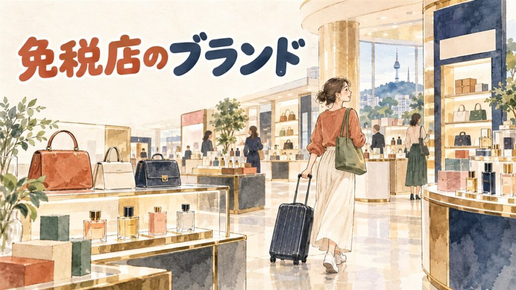 免税店のガラス越しに並ぶバッグと香水の売場、キャリーケースを引く旅行者