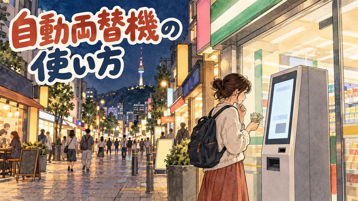 夜の明洞の街角でコンビニの外貨自動両替機を操作する旅行者のイラスト
