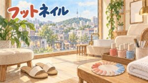 ソウルのネイルサロンの窓辺を描いた水彩イラスト。木の床にサンダルと丸いスツール、トレーにラベルのないコーラル・ベージュ・水色のマニキュアの瓶、ネイルチップを丸く並べた色見本、たたんだタオル、観葉植物。窓の外はソウルの街並みと南山の塔。左上に「フットネイル」の手書き文字