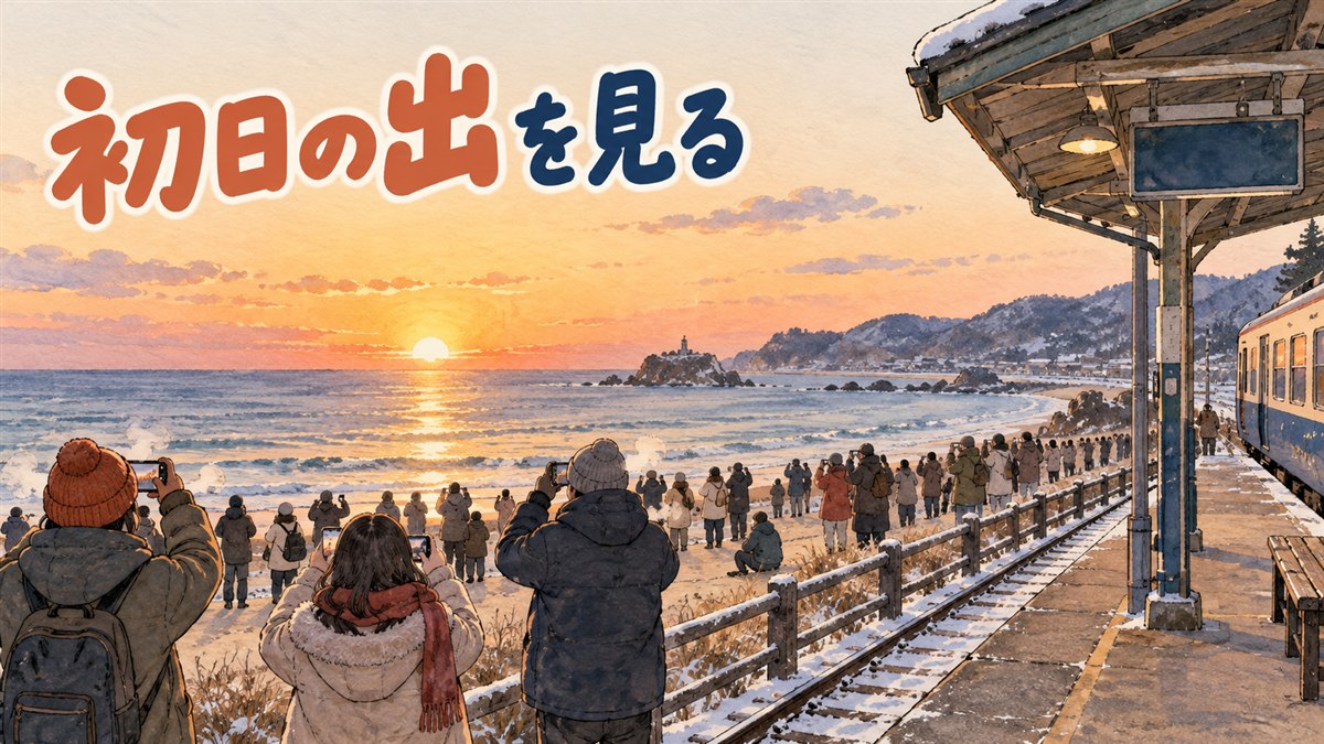 冬の早朝、東の海の水平線から初日の出が昇り、海辺に防寒着の人々が並んで見守る情景