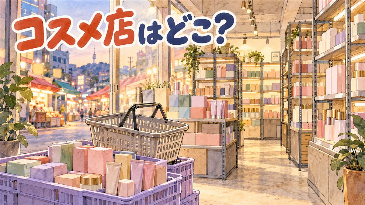 夕暮れの市場通りに面した倉庫のような化粧品店の店内を描いた水彩イラスト。手前にラベンダー色のケースに入った無地の化粧品の箱とチューブ、その上に空の買い物かご、奥に金属の棚。人物はいない。左上に「コスメ店はどこ？」の手書き文字