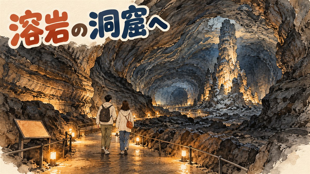 済州の溶岩洞窟の入口へ続く階段と、周囲を囲む木々を描いたイラスト