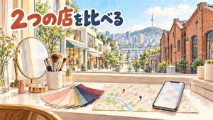 朝のソウルを描いた水彩イラスト。窓辺の化粧台に丸い鏡、メイクブラシ、色見本の布、2つのピンを刺した地図、スマートフォンが並ぶ。窓の外は左に小さな店が並ぶ通り、右に赤れんがの建物。人は描かれていない。左上に「2つの店を比べる」の手書き文字